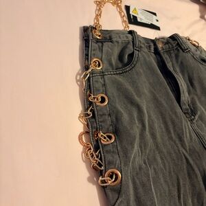 Fashion Nova Gray Jeans with Gold Chain Accents